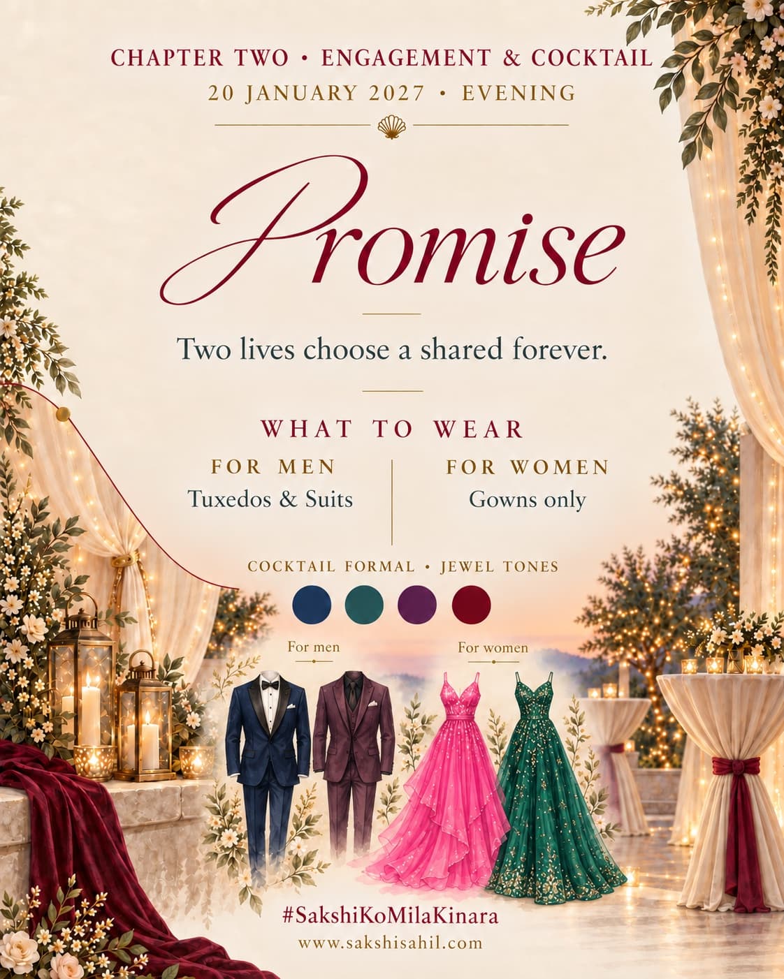 Engagement & Cocktail illustrated invitation card — dress code, palette and outfit reference