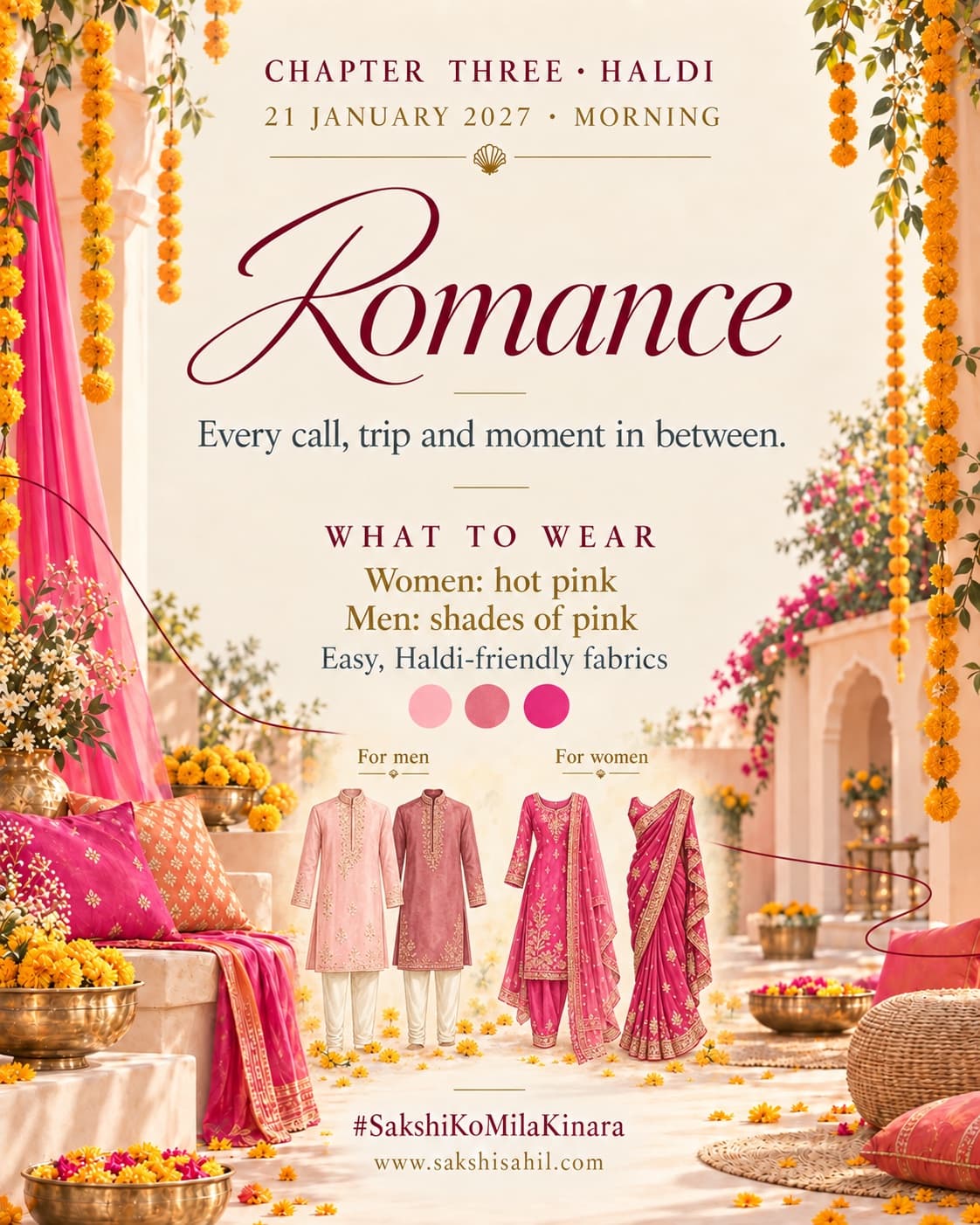 Haldi illustrated invitation card — dress code, palette and outfit reference