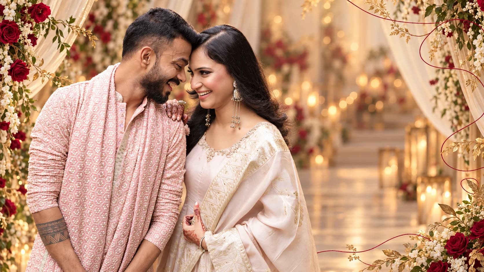 Sakshi and Dr. Sahil smiling together, foreheads touching, amid floral and candlelit decor